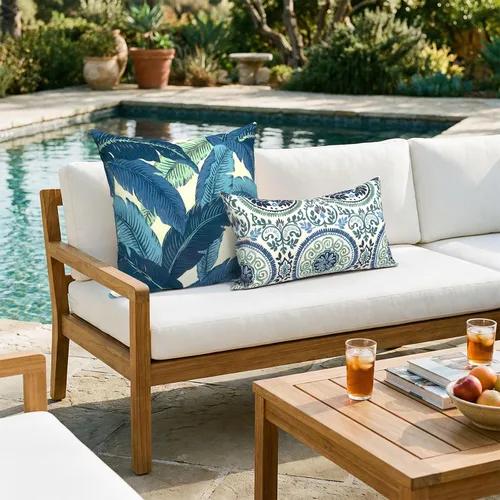 Miniatura 493 de Juego de 2 almohadas para exteriores de 16 x 16 pulgadas, repelentes al agua con interiores, para muebles de patio, hogar, jardín, geometría bohemia