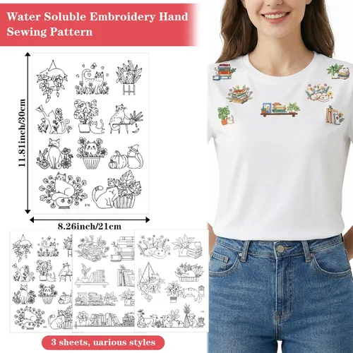 Miniatura 2 de 3 piezas de papel de bordado estabilizador soluble en agua y puntada, papel de bordado para lavar el hogar, gatos, patrón de bordado cruzado