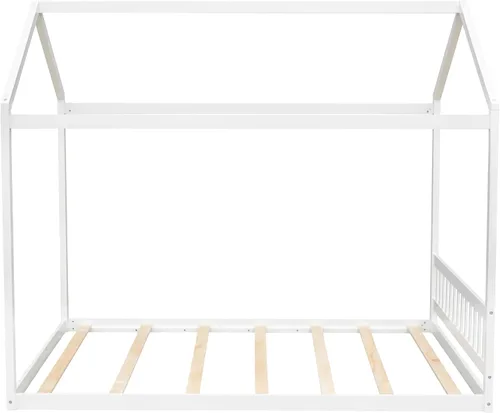 Miniatura 7 de MERITLINE Cama de casa tamaño Queen para niños, cama Montessori de madera con cabecero, techo y listones de soporte, marco de cama Queen para niños