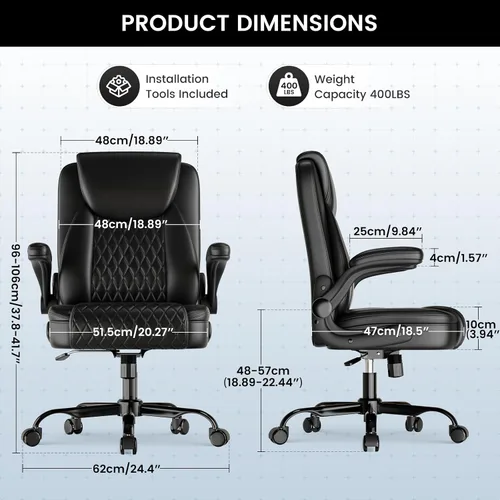 Miniatura 3 de COMHOMA Silla de oficina de cuero, silla de escritorio para computadora con brazos abatibles y respaldo ergonómico, silla ejecutiva resistente