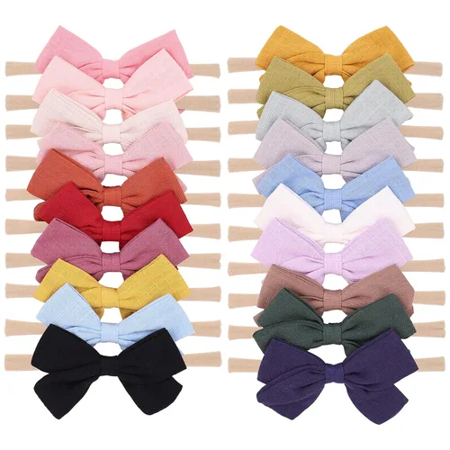 Jollybows 20 diademas con lazo para el pelo, de nailon, bandas de lino elásticas, accesorios para el pelo para niñas, niños y bebés recién nacidos