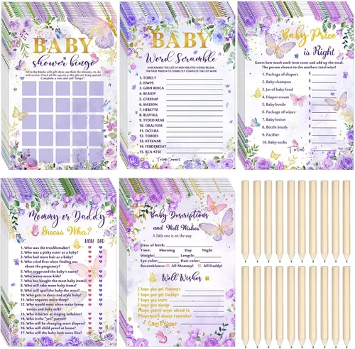 Nuanchu Juego de 145 piezas con temática de mariposas para baby shower, 25 hojas cada una con 20 lápices, bingo de baby shower, adivina quién,