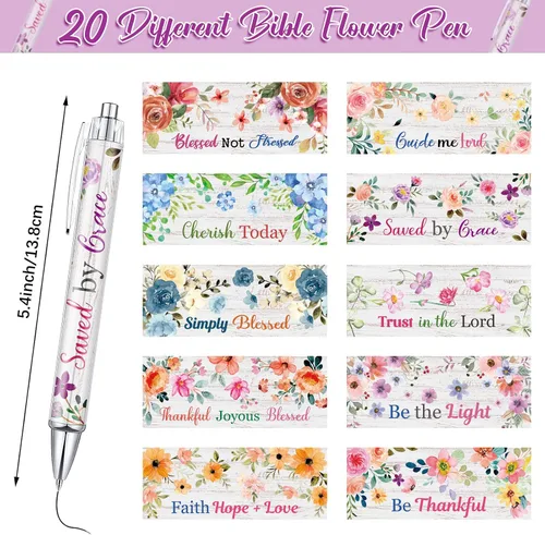 Miniatura 3 de Sabary 20 bolígrafos con versículo bíblico, con frases inspiradoras de flores cristianas, divertidos bolígrafos retráctiles de tinta para oficina