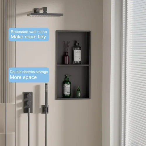 Miniatura 4 de Nicho de ducha empotrado de 24 x 12 pulgadas con estantes dobles, inserto de pared de acero inoxidable negro mate, no necesita azulejos