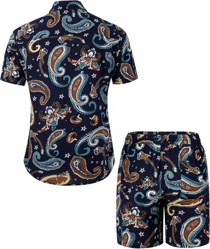 Miniatura 3 de Atwfo Conjunto de camisa hawaiana y pantalón corto para hombre, conjunto de 2 piezas para vacaciones, casual, con botones, playa, trajes florales