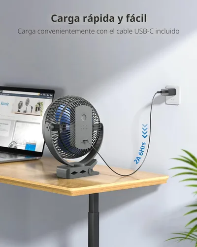 Miniatura 7 de Koonie Ventilador portátil recargable de 10000 mAh, de 8 pulgadas, con pinza, ventilador USB para automóvil de 4 velocidades, abrazadera resistente
