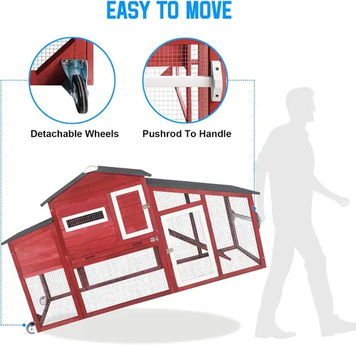 Miniatura 4 de PetsCosset Chicken Coop Backyard Chicken House - Tractor de madera para aves de corral para exteriores, con caja nido de pollo, ruedas, techo
