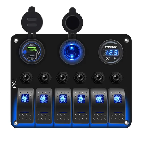 FXC Panel de interruptor basculante impermeable para barco marino azul de 6 bandas con USB y toma de cargador tipo C + encendedor de cigarrillos +