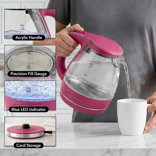 Miniatura 4 de OVENTE Hervidor Eléctrico, 1.5L de Vidrio de Borosilicato para Encimera, Calentador y Hervidor de Agua para Café o Té, Libre de BPA, Apagado Rosa
