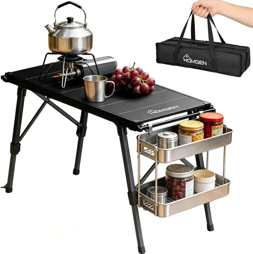 HOMGEN Mesa de camping IGT estable plegable, 34.7 x 15 pulgadas, tamaño de mesa, mesa plegable IGT con altura ajustable de 15 a 21.6 pulgadas, 7