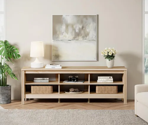 WAMPAT Soporte de TV para 65/70/75 pulgadas, centro de entretenimiento de TV con almacenamiento, mesa consola moderna de mediados de siglo para sala
