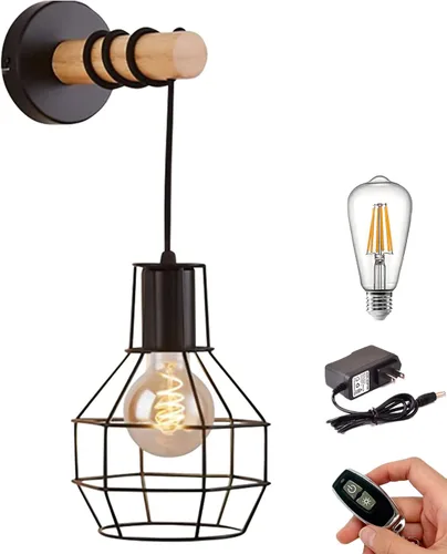 Miniatura 4 de Kiven Apliques de pared industriales vintage de metal negro, lámpara de pared a pilas con control remoto, lámpara de lectura para montaje en pared
