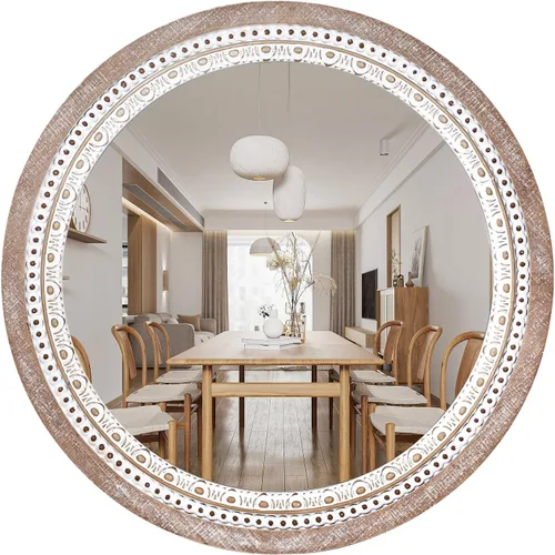 Miniatura 10 de Reflinto Espejos redondos de madera boho de 24 pulgadas para decoración de pared, espejo circular decorativo rústico para baño, sobre fregadero