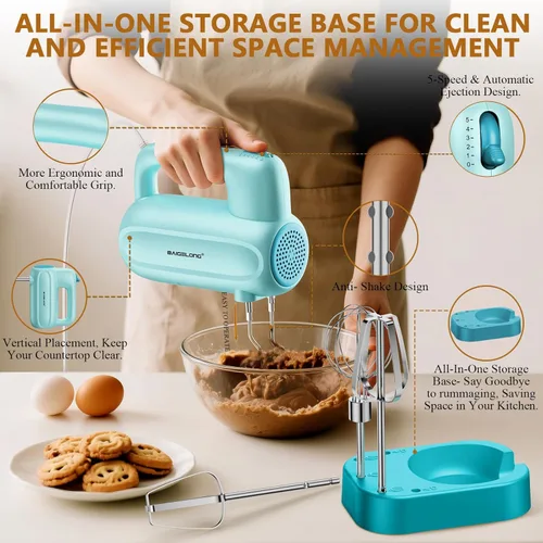 Miniatura 2 de BAIGELONG Batidora eléctrica de mano, mezclador de cocina de 5 velocidades con 5 accesorios de acero inoxidable 304 + base de almacenamiento, Azul