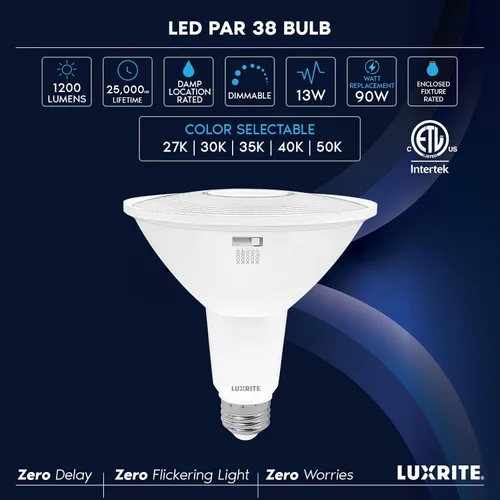 Miniatura 7 de LUXRITE PAR38 Foco LED de inundación, equivalente a 90 W, 5 colores seleccionables 2700K-5000K, 1200 lúmenes, 13 W, foco LED regulable