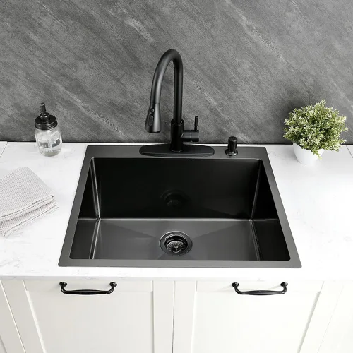 Miniatura 2 de Fregadero utilitario negro, 25 x 22 x 12 pulgadas de profundidad, acero inoxidable negro con grifo y dispensador de jabón, lavabo de montaje