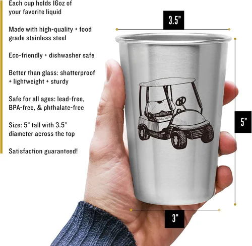Miniatura 2 de Vasos de golf – Acero inoxidable (juego de 4) – Capacidad de 16 oz – Regalo único para papás, hombres y premio para golfistas. Los diseños incluyen