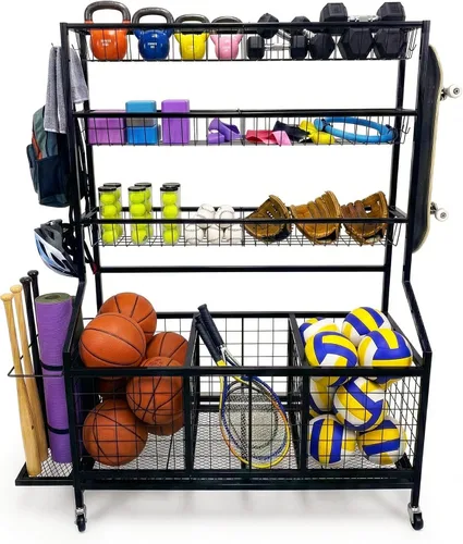 Miniatura 8 de AMPLY Organizador de equipo deportivo, estante de almacenamiento de pelotas deportivas rodantes con cubos de bolas grandes, rejilla lateral