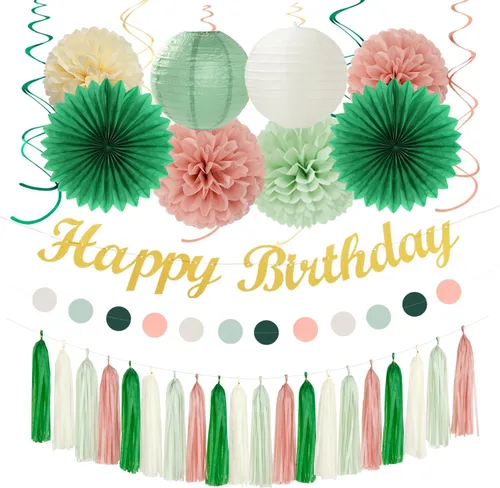 Miniatura 27 de Cartel de feliz cumpleaños rosa y negro para decoración de fiesta – 31 piezas de oro rosa 14º 40º para mujeres y niñas, faroles de papel