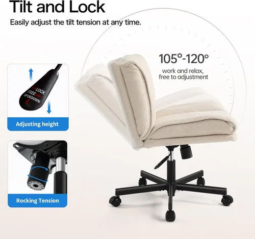Miniatura 6 de LEAGOO Silla cruzada con ruedas, silla de maquillaje sin brazos con asiento ancho peludo, silla de tocador ajustable en altura, convertible entre