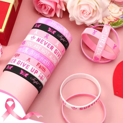 Miniatura 5 de JUNEBRUSHS 42 piezas de accesorios de concientización sobre el cáncer de mama, pulseras de silicona Esperanza Fe Fuerza Coraje, pulseras accesorios