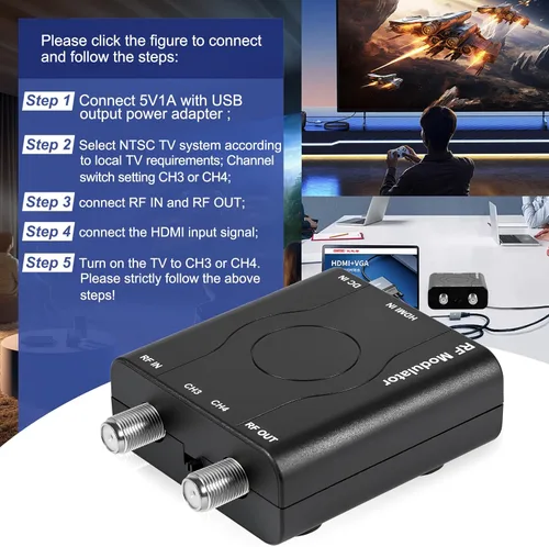 Miniatura 4 de Modulador HDMI a RF, HDM61 VHF HDMI a RF adaptador convertidor para salida de formato NTSC de TV, control PLL 1080P para consola de juegos de TV