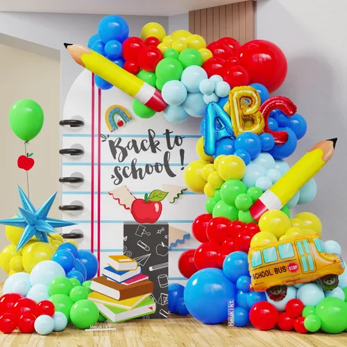 Miniatura 7 de Kit de arco de guirnalda de globos de regreso a clases, bolsa de lápices de autobús escolar, globo de aluminio con globos arcoíris para el primer