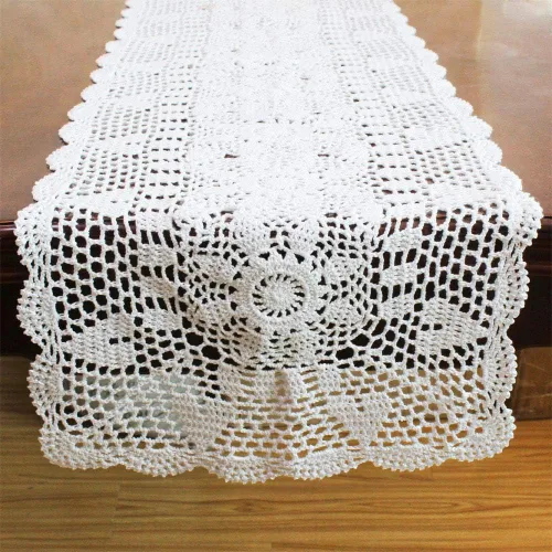Miniatura 6 de KEPSWET Camino de mesa rectangular de girasol hecho a mano con encaje de ganchillo, decoración floral de boda (14 x 36 pulgadas, beige)