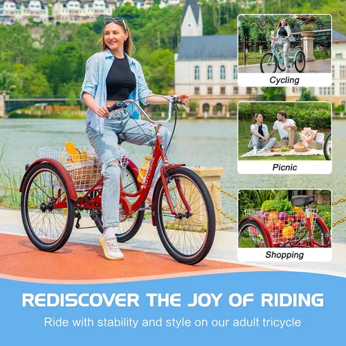 Miniatura 5 de Slsy Triciclo para adultos de 7 velocidades, 20/24/26 pulgadas, bicicleta de 3 ruedas para adultos con cesta de compras grande, capacidad de 350