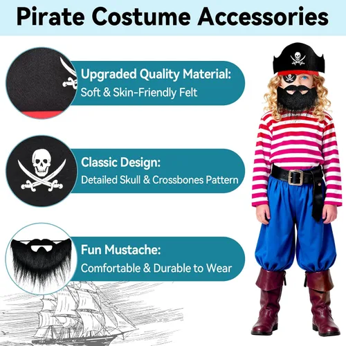 Miniatura 4 de ZeeDix 18 accesorios piratas para niños, incluye 6 sombreros de pirata, 6 parches de ojos y 6 bigotes, decoraciones de fiesta pirata para Navidad