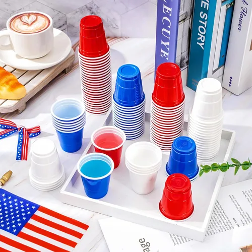 Miniatura 5 de Whaline 150 vasos de chupito de plástico patrióticos de 2 onzas para el 4 de julio, desechables, pequeños, rojo, blanco, azul, para fiesta de 250