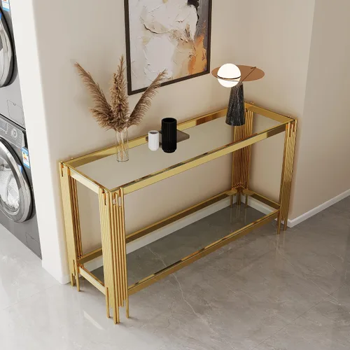 Miniatura 224 de Mesa de centro de cristal de lujo, mesa de centro de sofá de 47 pulgadas con marco de acero inoxidable dorado y parte superior de vidrio negro, mesa