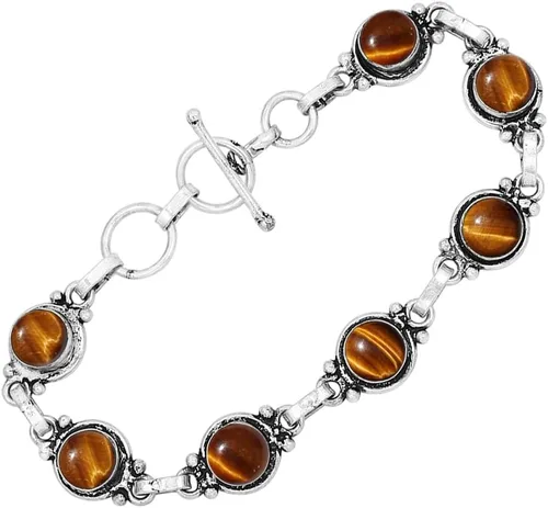 Miniatura 59 de Round Shape Natural & Synthetic Gemstones Silver Plated Bracelets for Women - Vintage Bohemian Style Handmade Birthstone Adjustable Link Bracelet