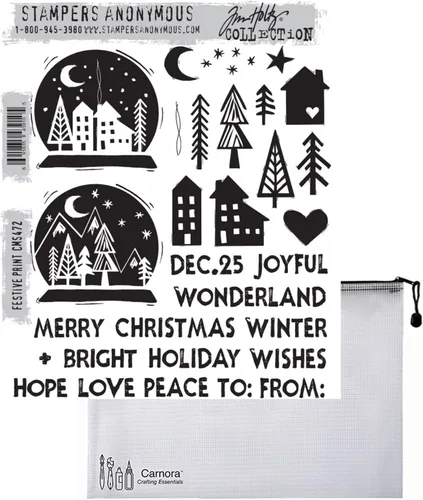Tim Holtz Stampers Anonymous - Juego de sellos adhesivos con estampado festivo + bolsa de almacenamiento de malla Carnora, lanzamiento de septiembre