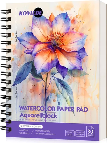 Miniatura 8 de KOVIEDE Bloc de papel de acuarela 100% algodón, 30 hojas de 7 x 10 pulgadas, encuadernado en espiral, 140 libras/10.58 oz/m², cuaderno de bocetos