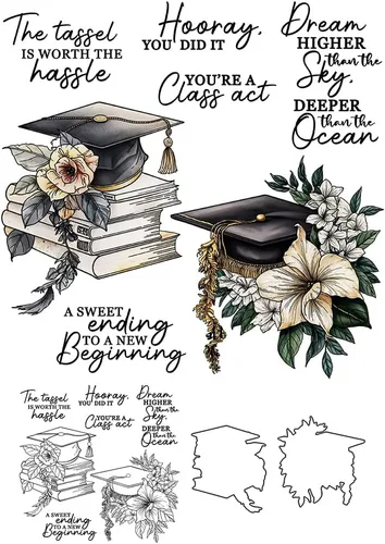 Juego de libros de graduación y flores, sellos y troqueles transparentes para hacer tarjetas, suministros de álbumes de recortes, sellos de silicona