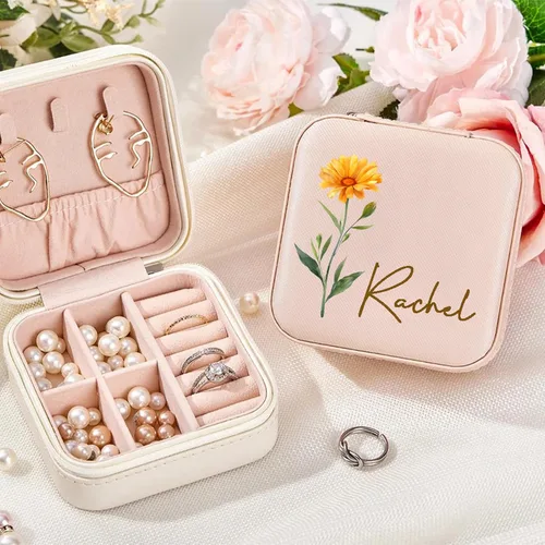 Miniatura 4 de Yofair Se envía al día siguiente, joyero personalizado para niñas, joyero de viaje personalizado con flor de nacimiento, regalos para niñas