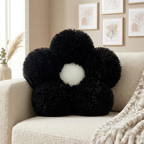 Almohada de pelo sintético, almohada de suelo en forma de flor, cojín de asiento, bonita decoración de habitación y almohada de felpa para Negro