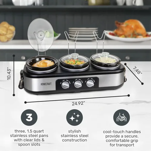 Miniatura 2 de HomeCraft HCTSC15SS Olla de cocción lenta de acero inoxidable de 3 estaciones de 1.5 cuartos ovalada para buffet, con tapa y reposa cucharas