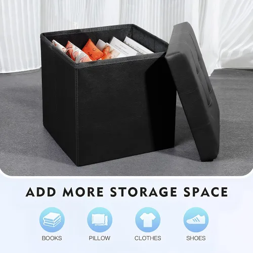 Miniatura 3 de B FSOBEIIALEO Cubo pequeño otomano de almacenamiento, reposapiés, asiento de piel sintética para dormitorio, color negro, 12.6 x 12.6 x 12.6