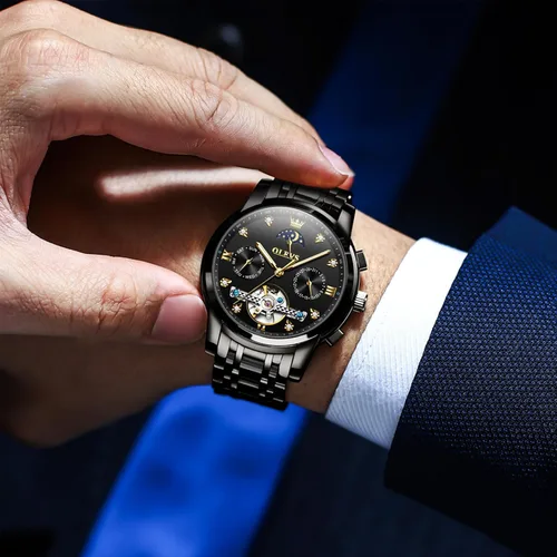 Miniatura 6 de OLEVS Relojes automáticos para hombre, impermeable, vestido de lujo, cuerda automática, esqueleto mecánico, tourbillon, fase lunar, acero