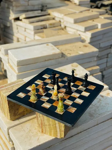 Miniatura 3 de NB - Juego de ajedrez de mármol hecho a mano de 12 pulgadas con caja de regalo de terciopelo azul, elegante tablero de ajedrez de piedra con juego