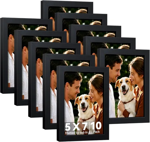 HappyHapi Juego de 10 marcos de fotos de 5 x 7 pulgadas, color negro, para mesa o pared, de 4 x 6 pulgadas con paspartú o de 5 x 7 sin ellos,