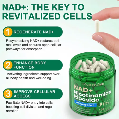 Miniatura 5 de O NATURE . ZIRAN Suplemento NAD, NAD nicotinamida ribósido 910 mg para hombres y mujeres, resveratrol liposomal de ribósido de nicotinamida