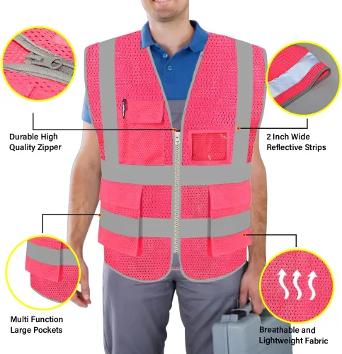 Miniatura 3 de FEimaX Chaleco de seguridad de alta visibilidad, chaleco de trabajo reflectante de malla para hombres y mujeres con bolsillos y cremallera, cumple