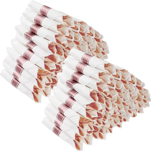 Miniatura 11 de Goodluck Paquete de 50 cubiertos de plástico color oro rosa preenrollados, juego de cubiertos de plástico envuelto con servilleta incluye 50