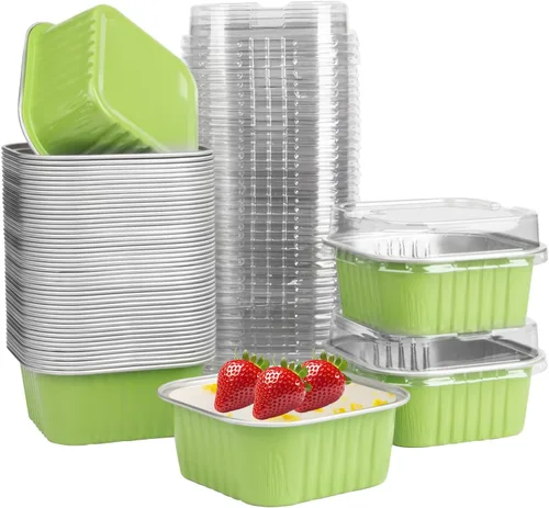 Miniatura 18 de 50 Pcs Mini Square Baking Cups with Lids,5oz Aluminum Foil Mini Cake Pans with Lids,Disposable Ramekins Cake Pans,150ml Dessert Cups Cupcake Pans