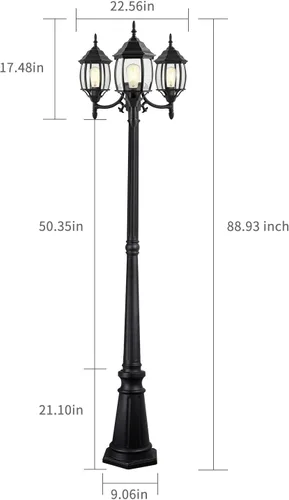 Miniatura 2 de PARTPHONER Lámpara de poste para exteriores, 3 cabezales, color negro clásico con paneles de vidrio transparente, base E26 máxima de 100 W