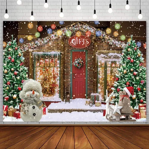 AIBIIN Telón de fondo de Navidad de 7 x 5 pies para fotografía, tienda de regalos, taller de Papá Noel, copo de nieve de invierno, muñeco de nieve