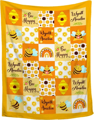 Manta personalizada de abeja bebé, manta personalizada con nombre para niños, manta de recepción personalizada, manta de retazos suave para
